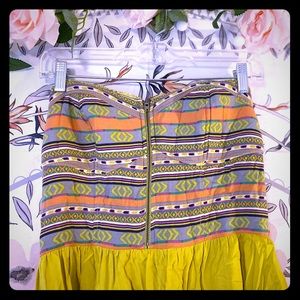 Geometric Front Zip Mustard Skirt Strapless Dress